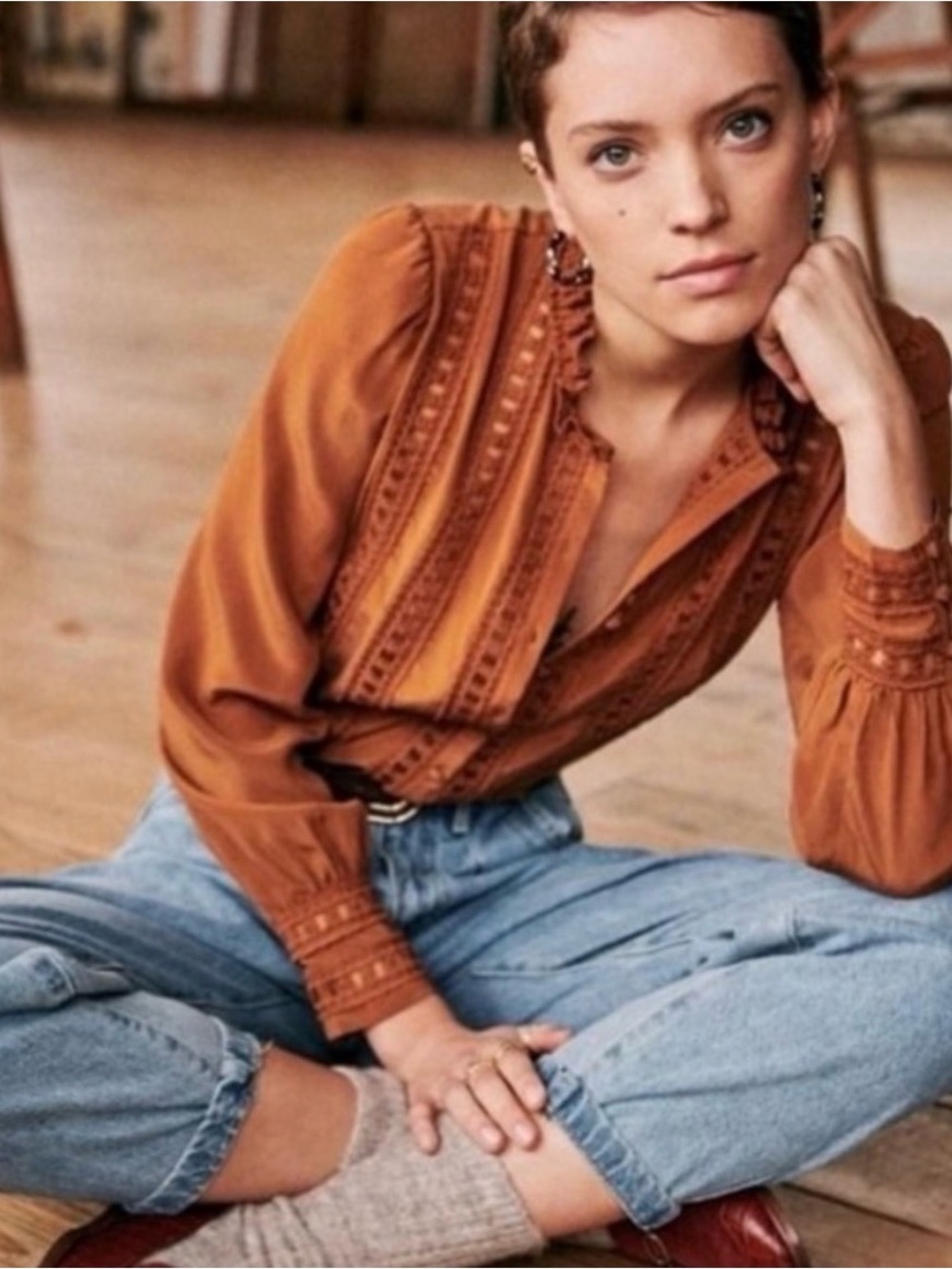 Sezane Anna Blouse 100% Silk Brown French Girl Lace Button Down Top Size 10